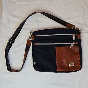 Orobianco Italy Nylon Leather Crossbody Bag Purse Navy Blue/Brown